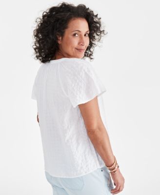Women's Seersucker Split-Neck Flutter Sleeve Top, Created for Macy's
