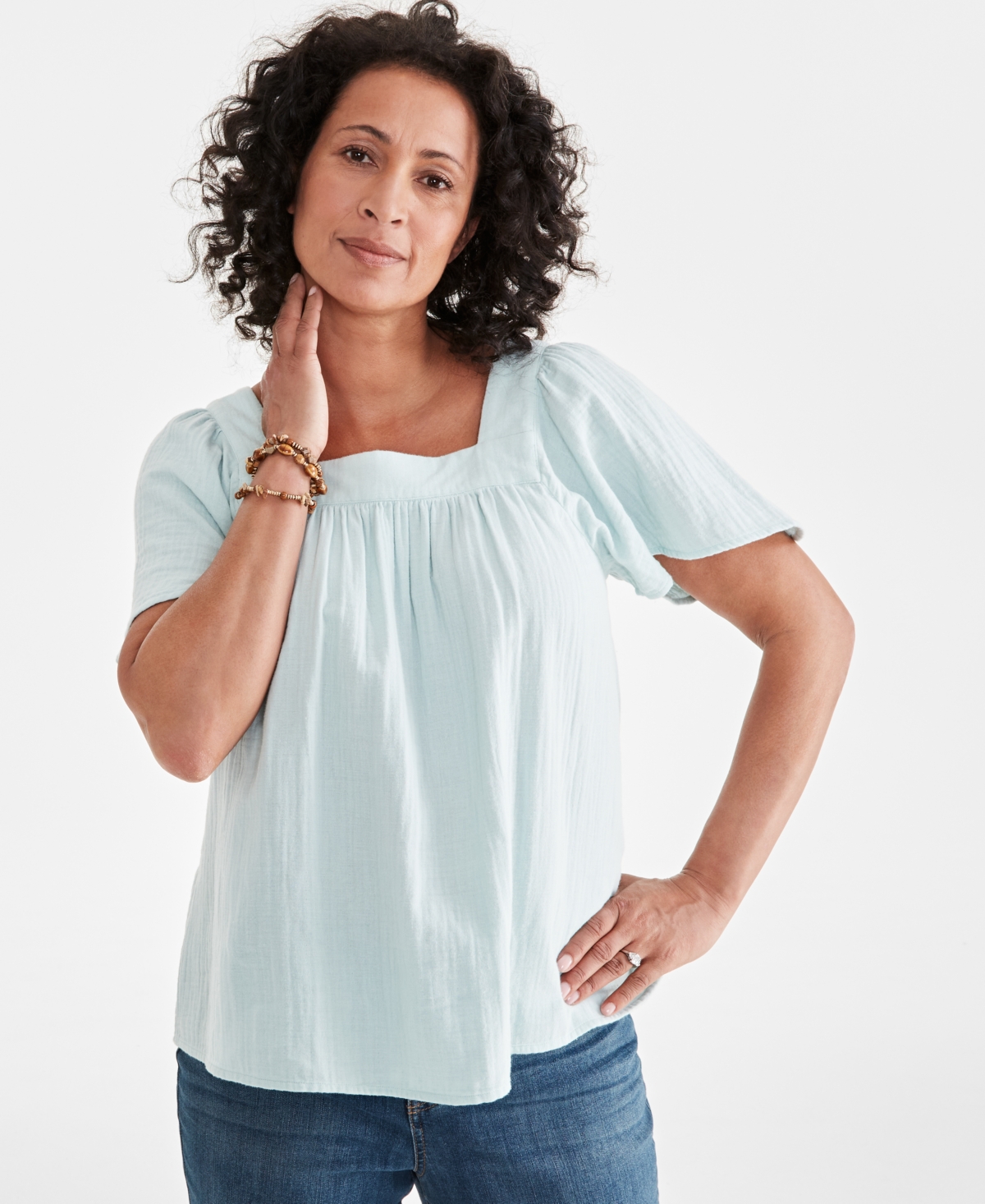 Shop Style & Co Petite Cotton Square-neck Raglan-sleeve Top, Created For Macy's In Harbor Gray