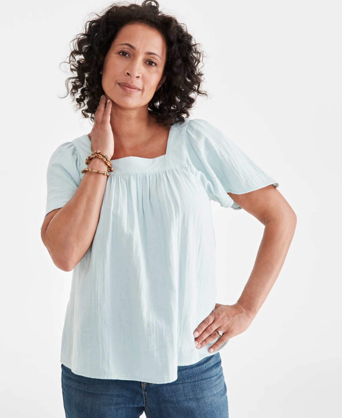 Style & Co Women's Cotton Gauze Square-Neck Top, Created for Macy's