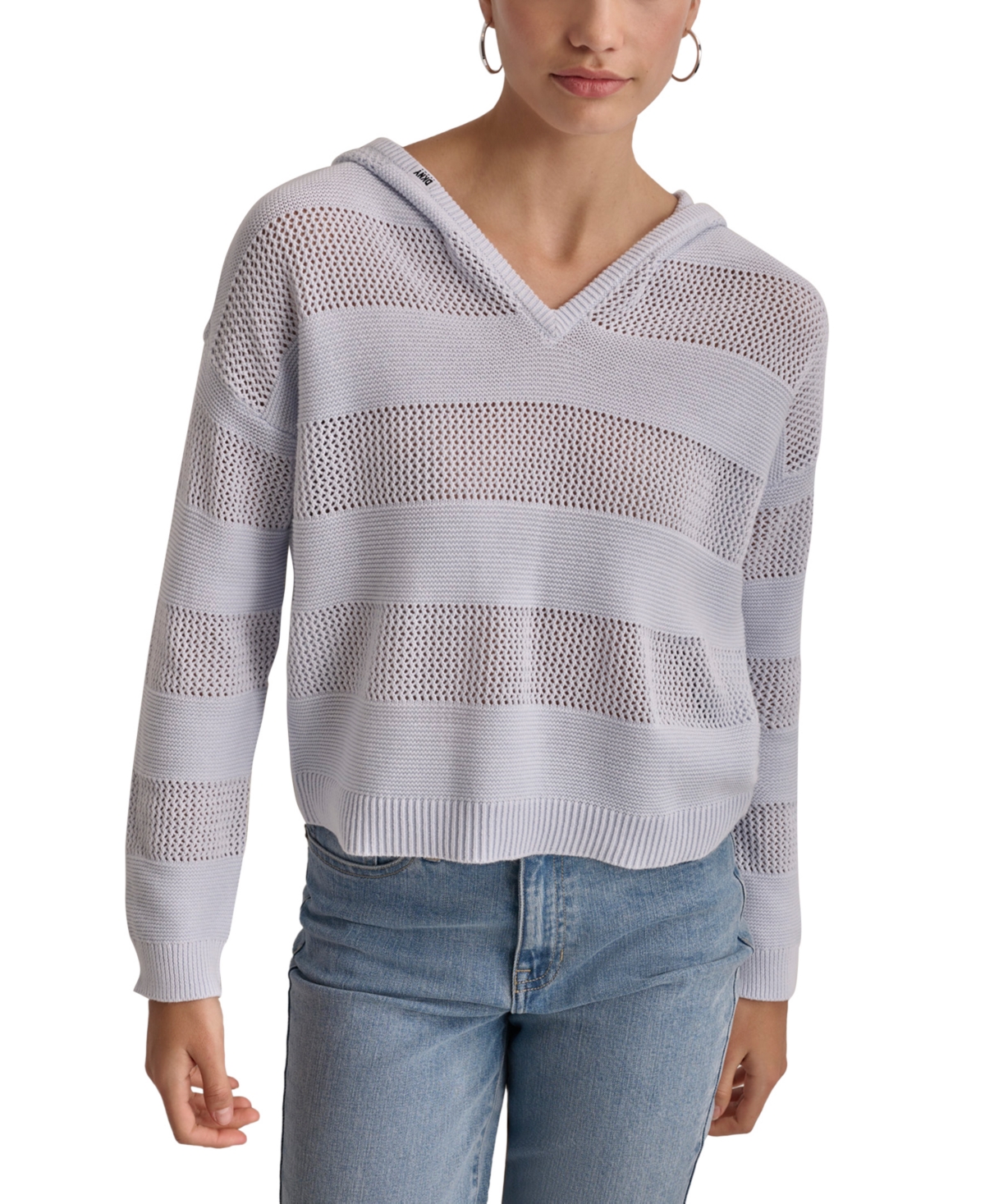 Women's Pointelle Stripe V-Neck Hooded Sweater - White/Frost Blue