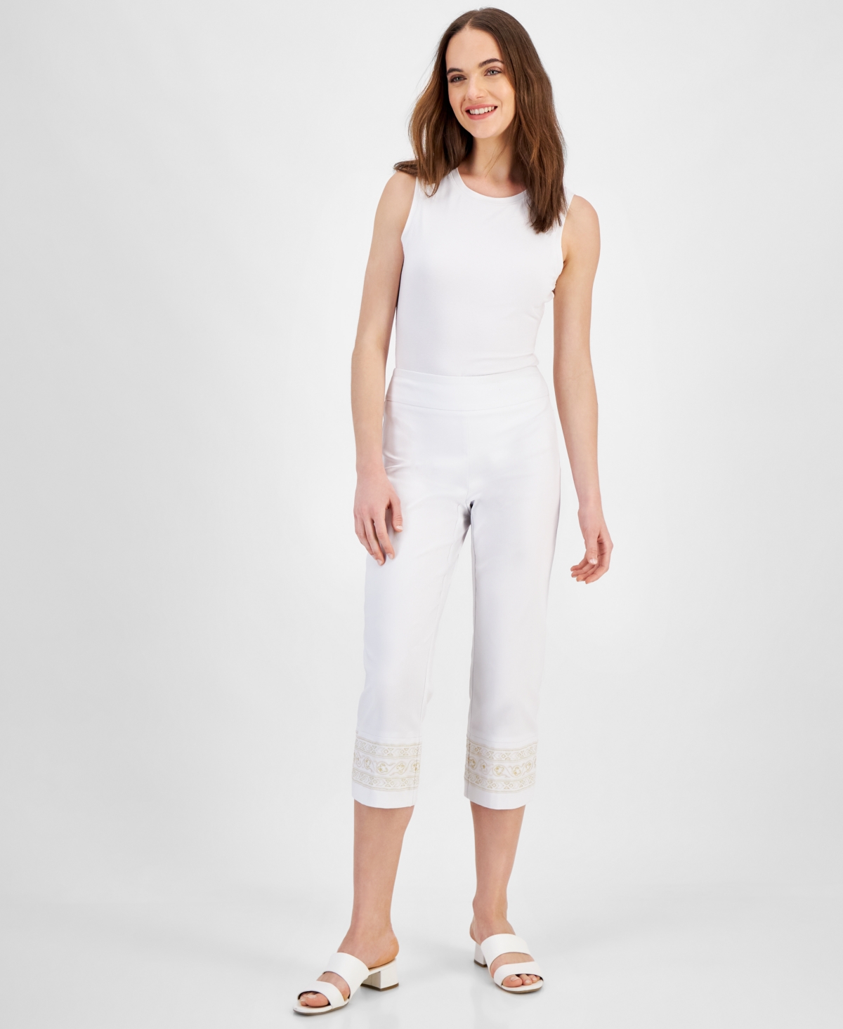 Women's Embroidered-Hem Capri Pants, Created for Macy's - Bright White Combo