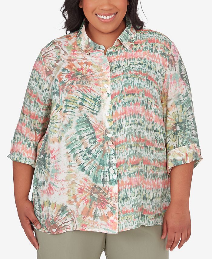 Alfred Dunner Plus Size Tuscan Sunset Tie Dye Button Down Blouse - Macy's