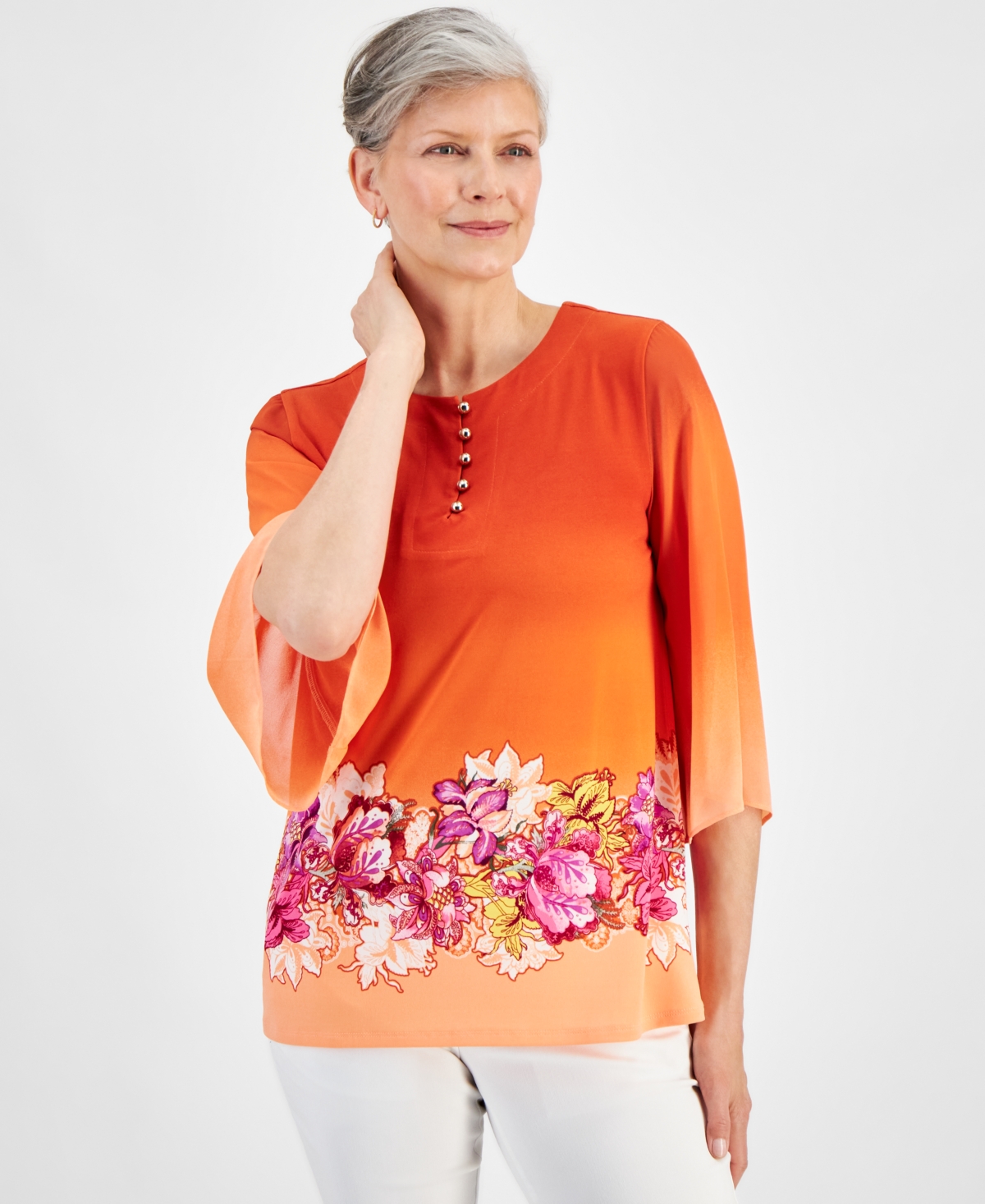 Women's 3/4 Sleeve Ombre Chiffon Top, Created for Macy's - Pumpkin Seed Combo