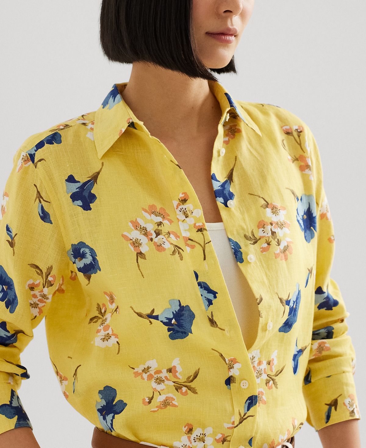 Shop Lauren Ralph Lauren Petite Linen Floral Shirt In Yellow