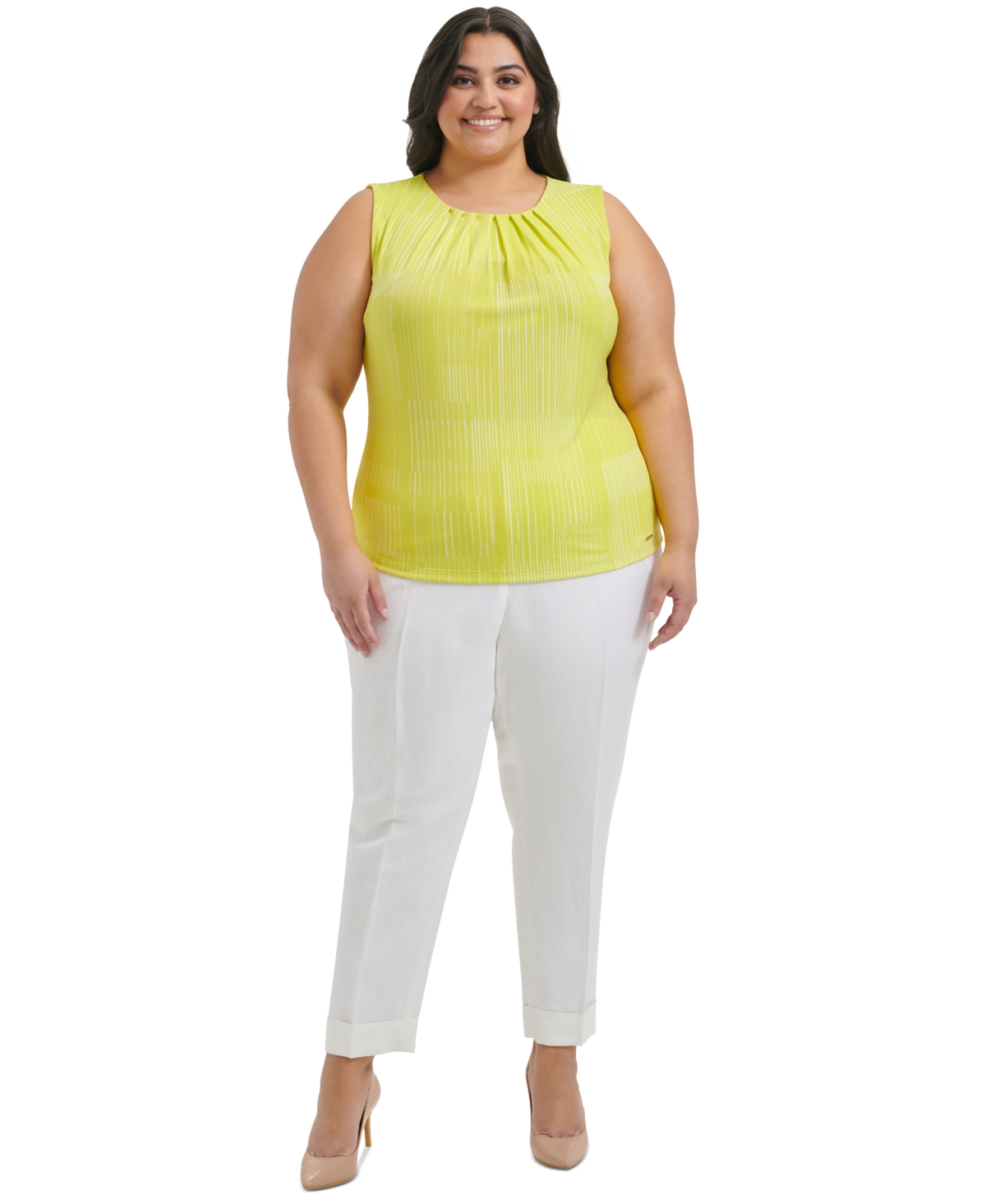 Shop Calvin Klein Plus Size Geo-printed Pleated Sleeveless Top In Pear White