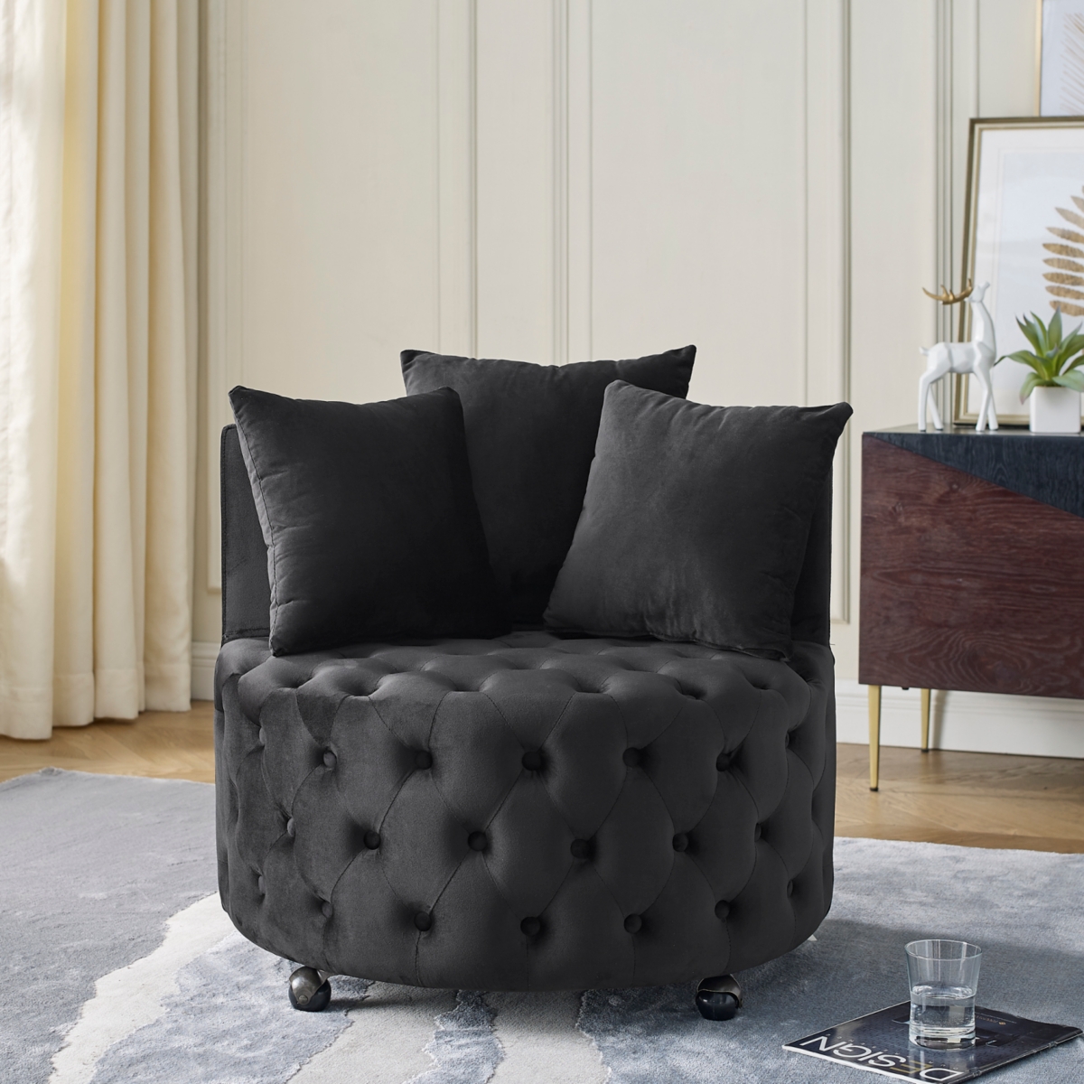 Streamdale Furniture Velvet Swivel Chair with Wheels, 3 Pillows - Black