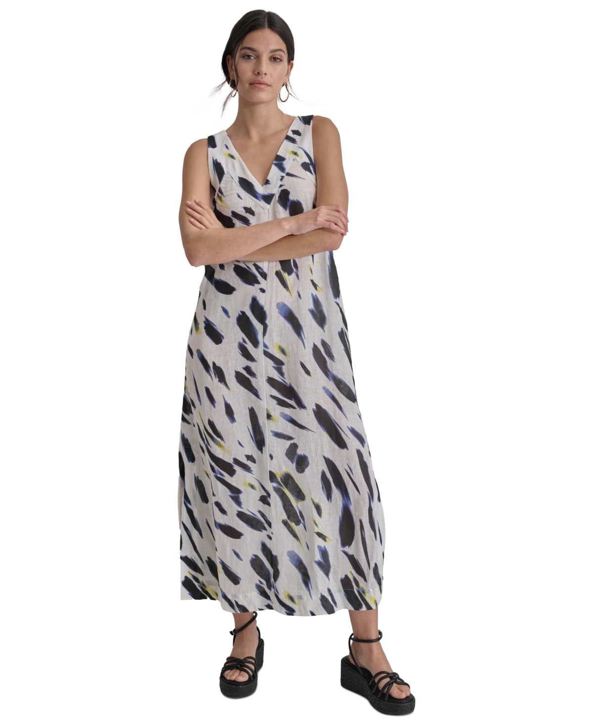 Shop Dkny Women's Printed Linen V-neck Sleeveless Maxi Dress In Fluo Ylw,w