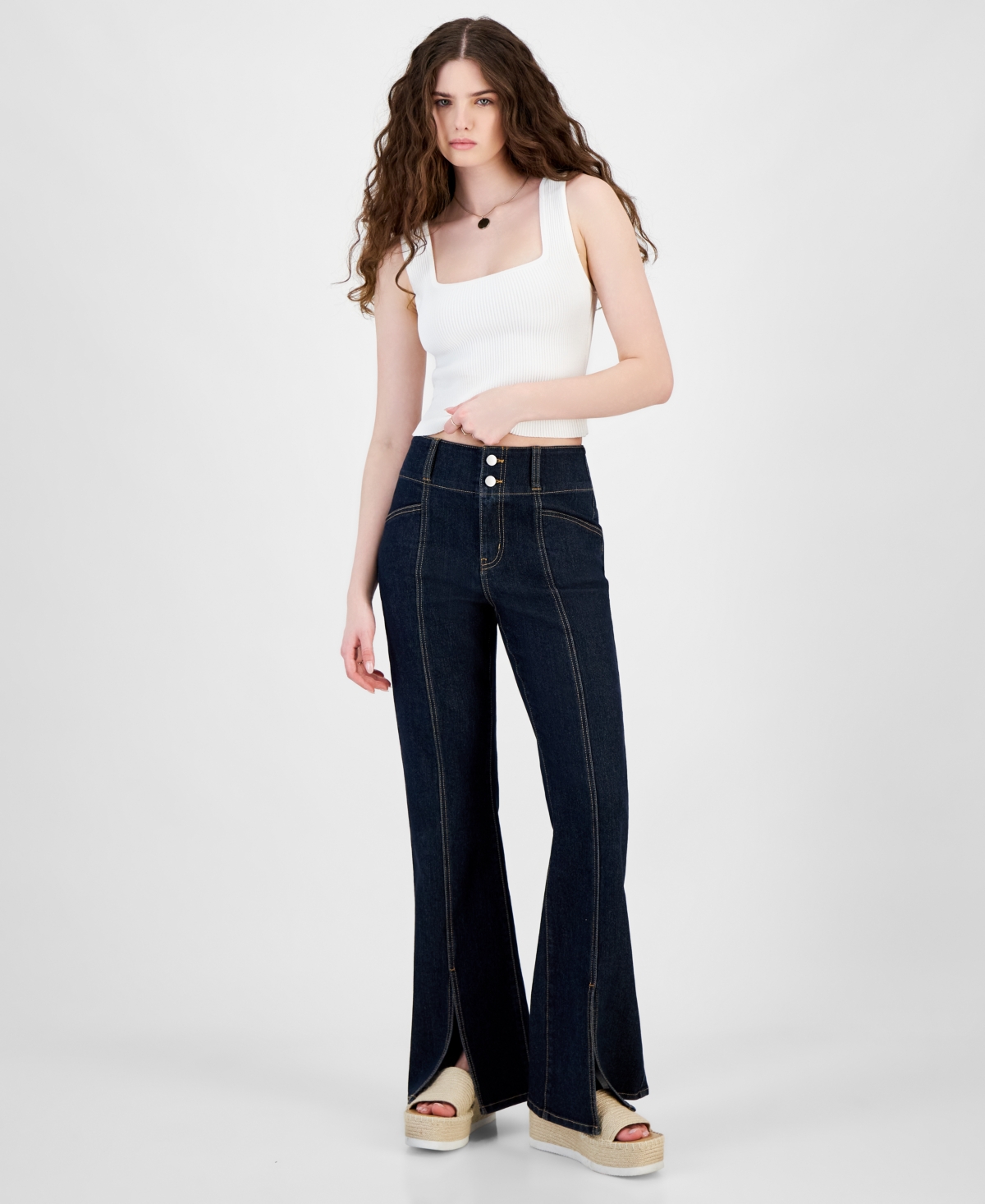 Shop Tinseltown Juniors' Super-high-rise Split-seam Flare-leg Jeans, Created For Macy's In Dark Wash
