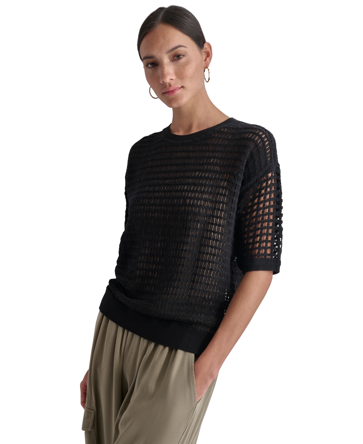 Shop Dkny Women's Round-neck Short-sleeve Open-crochet Sweater In Black
