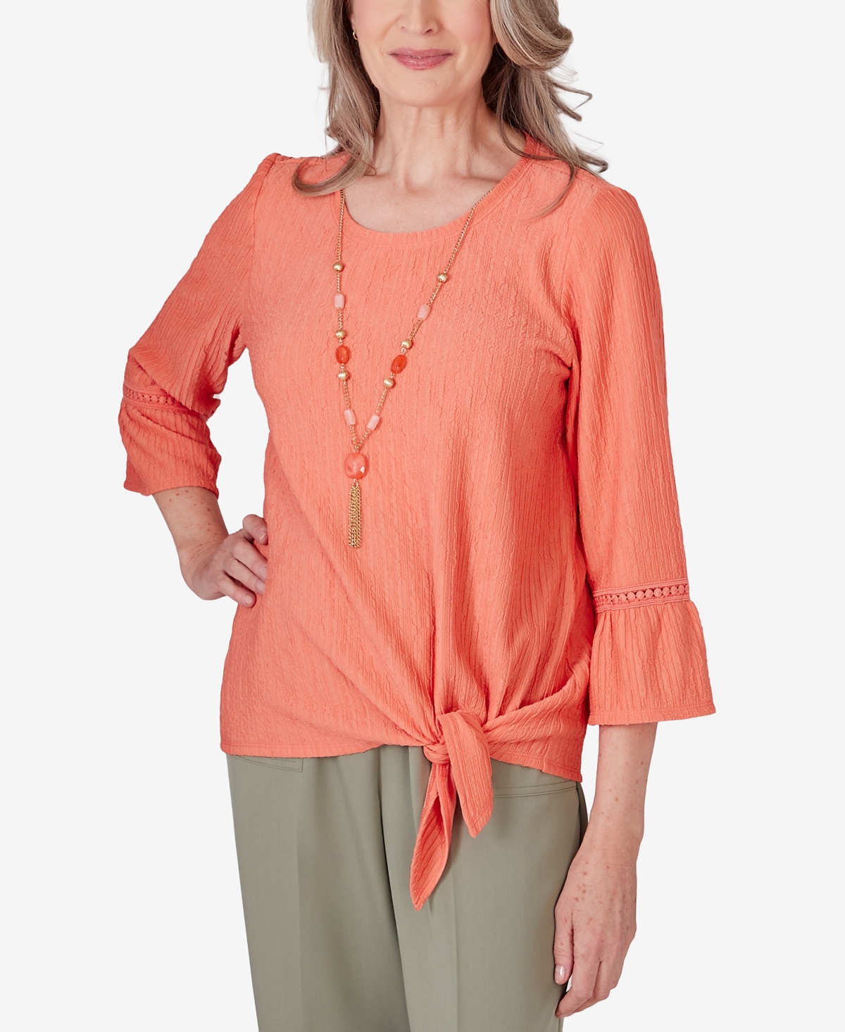 Shop Alfred Dunner Women's Tuscan Sunset Solid Texture Side Tie Crew Neck Top In Papaya