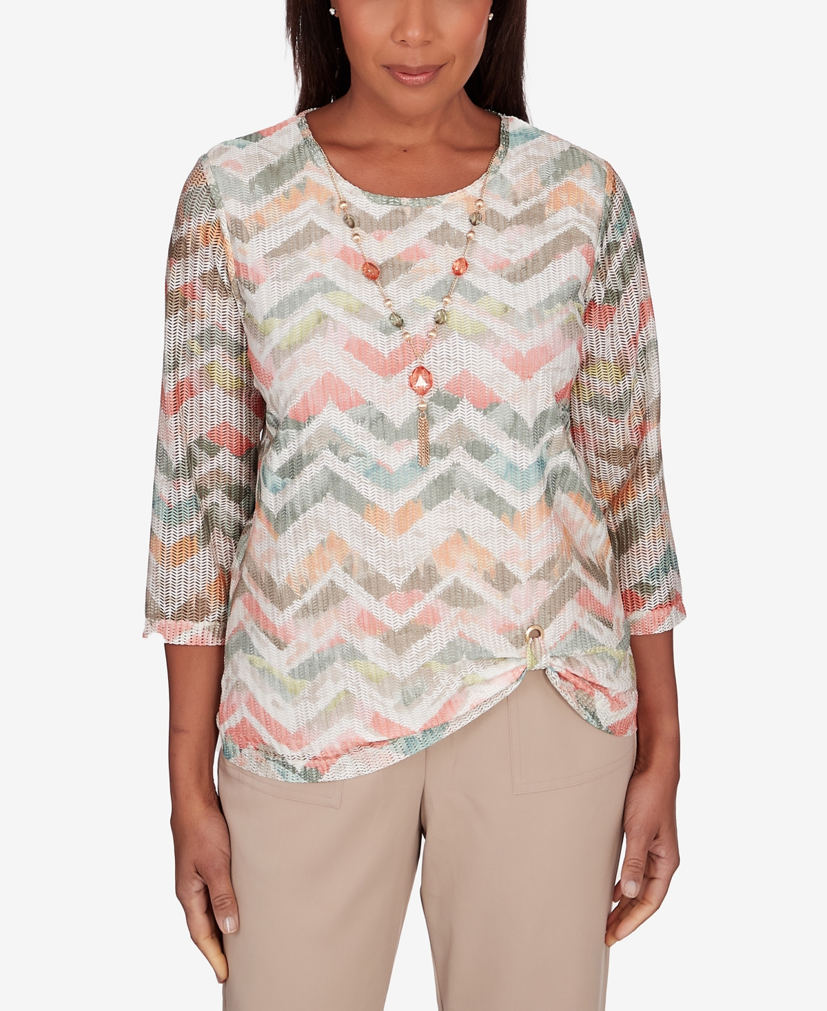 Alfred Dunner Women's Tuscan Sunset Textured Chevron Twisted Detail Crew Neck Top In Multi