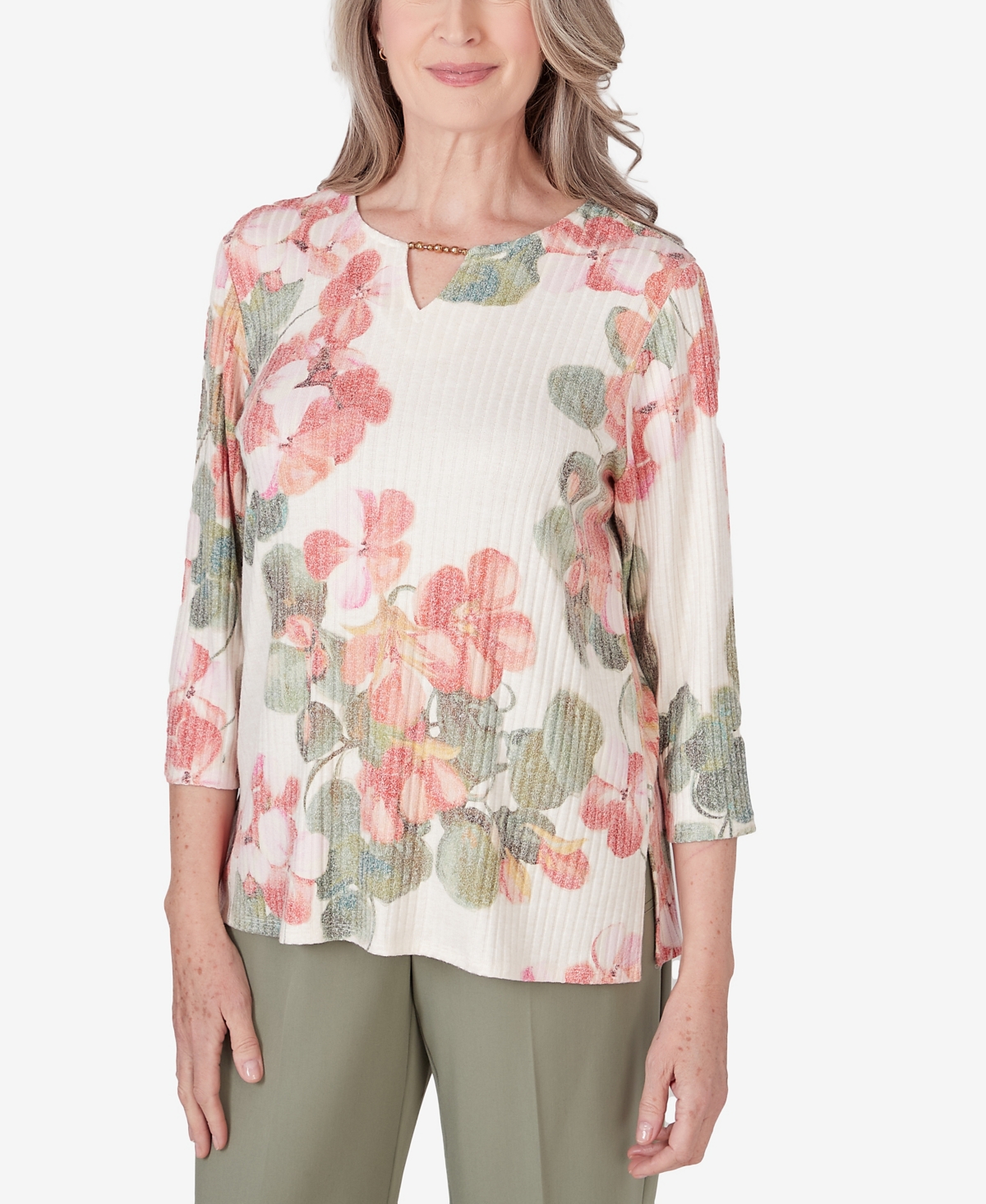 Shop Alfred Dunner Women's Tuscan Sunset Keyhole Neck Floral Textured Top In Multi