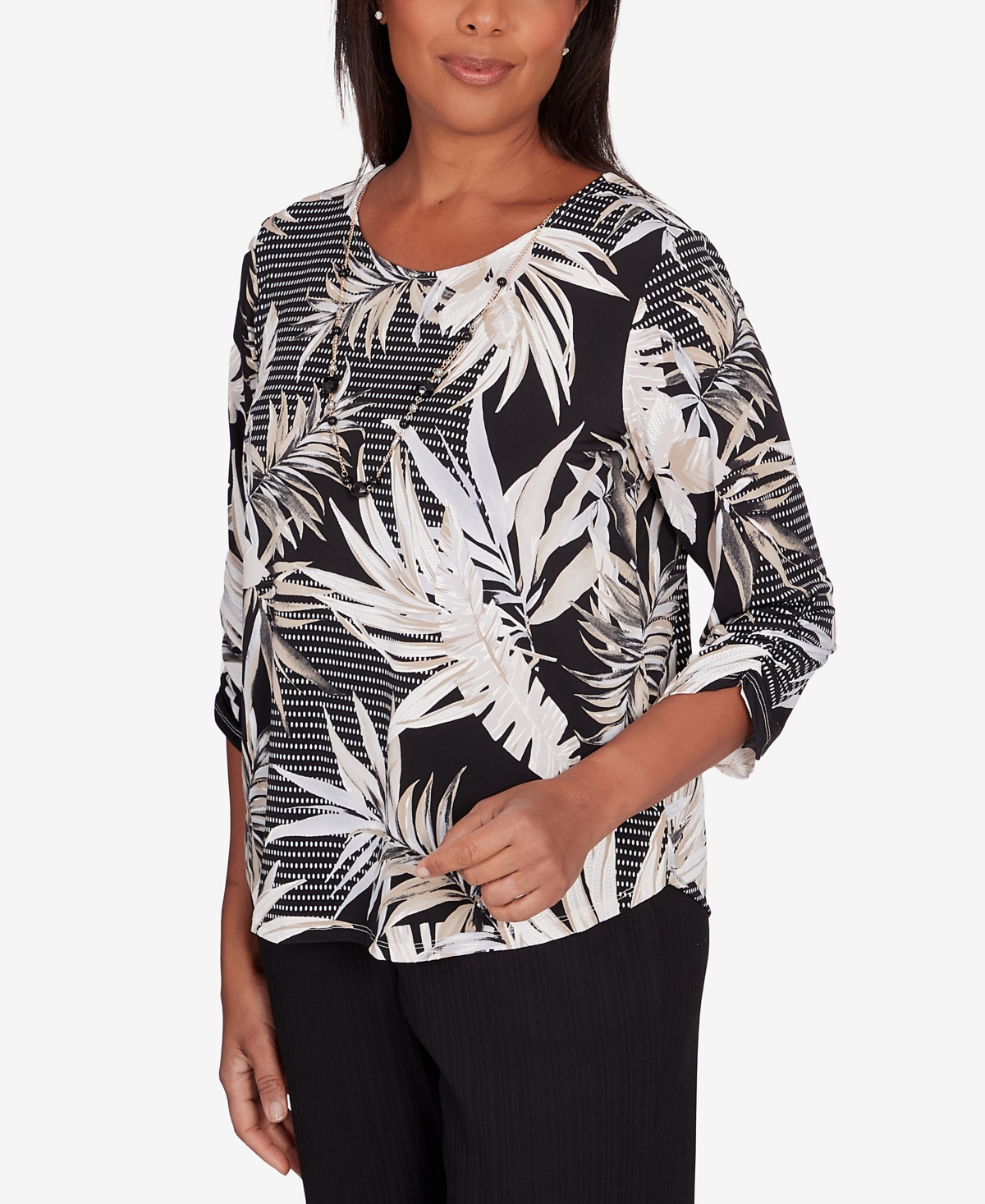 Shop Alfred Dunner Women's Opposites Attract Printed Leaves Top With Necklace In Multi