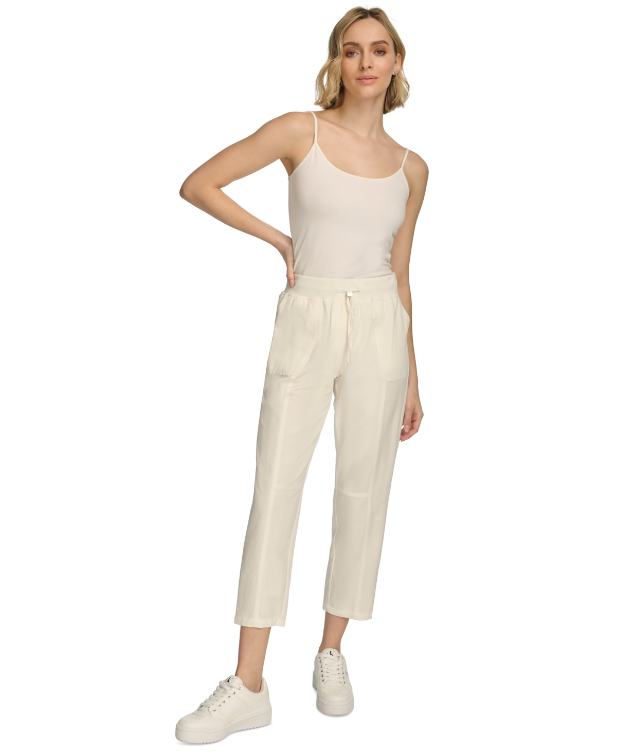 Shop Calvin Klein Women's Drawstring Cotton Pants In Soft White