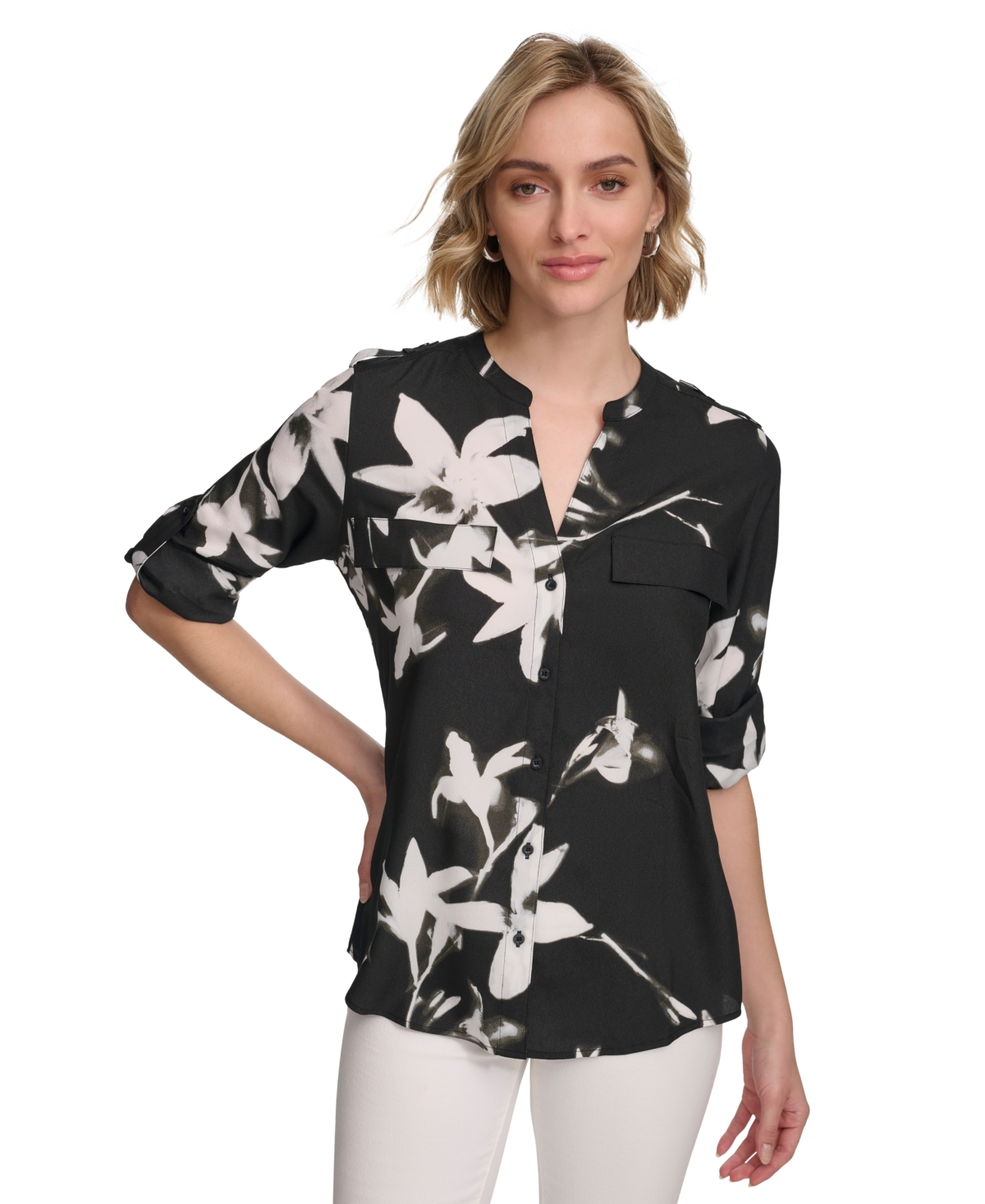 Shop Calvin Klein Women's Floral Print Button Down Shirt In Black Multi