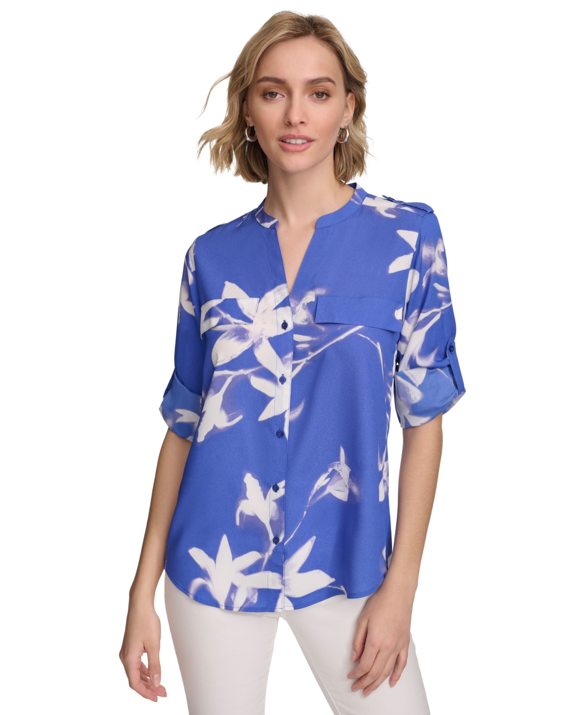 Shop Calvin Klein Women's Floral Print Button Down Shirt In Dazzling,soft White