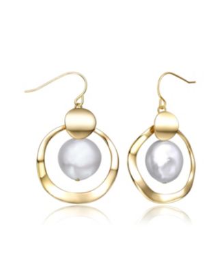Sterling Silver 14k Yellow Gold Plated with White Freshwater Pearl Concentric Halo Dangle Drop Earrings