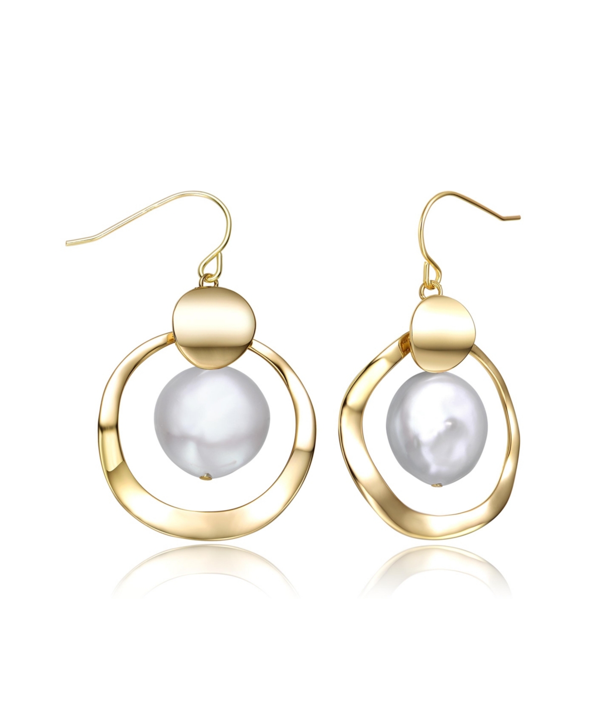 Genevive Sterling Silver 14k YellowPlated with White Freshwater Pearl Concentric Halo Dangle Drop Earrings - Gold
