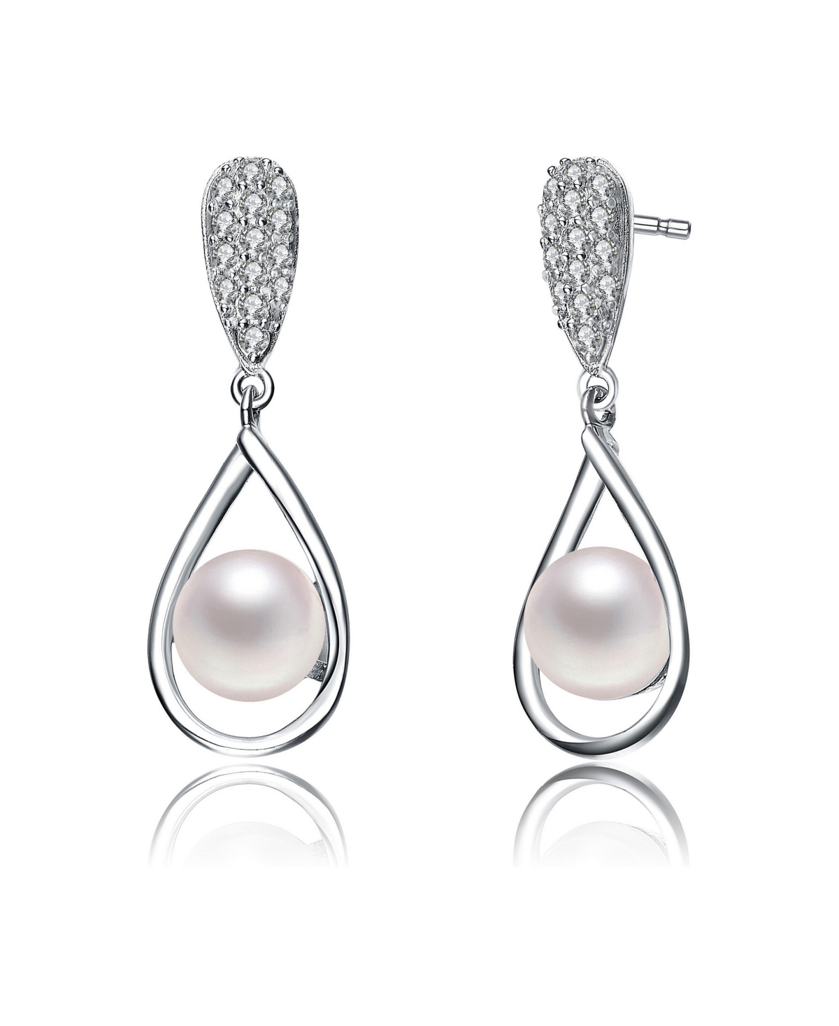 Sterling Silver White Genuine Round Pearl and Round Cubic Zirconia Drop Earrings - Silver