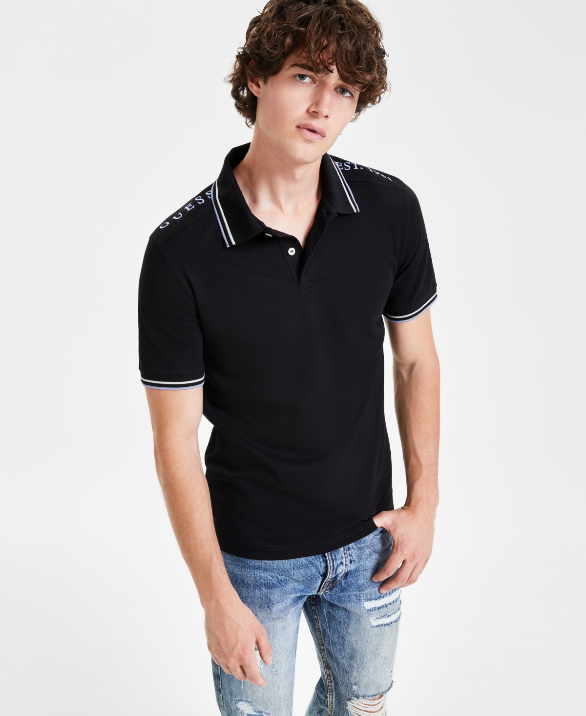 Guess Men's Lyle Tipped Logo Embroidered Polo Shirt In Jet Black