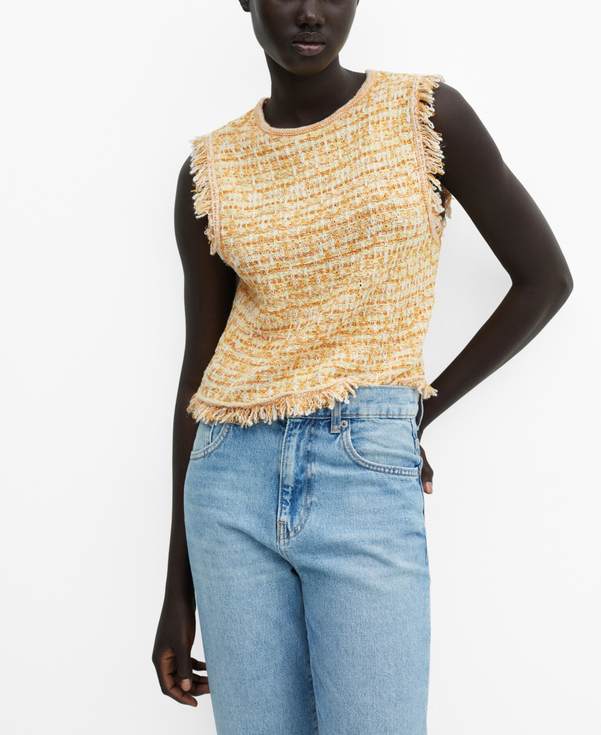 Mango Women's Frayed Detail Tweed Top In Yellow