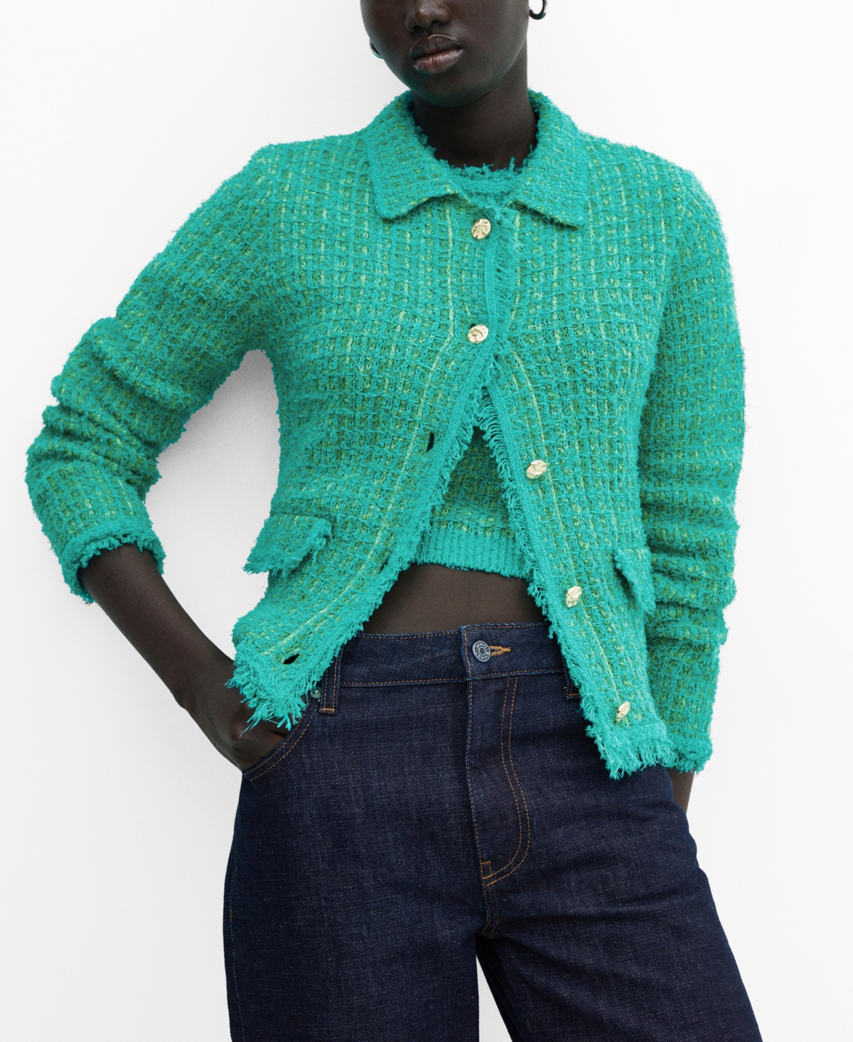 Mango Women's Pocket Tweed Cardigan In Green