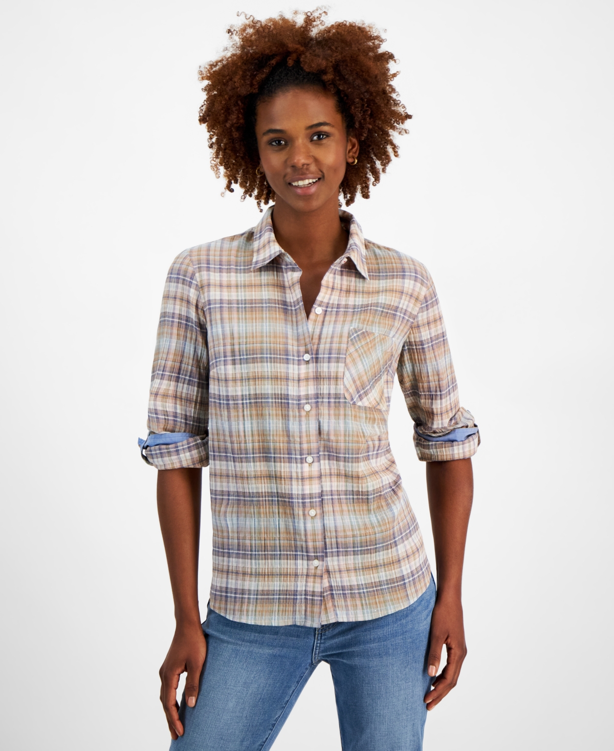 Women's Plaid Long-Sleeve Roll-Tab Shirt - Tiger Eye