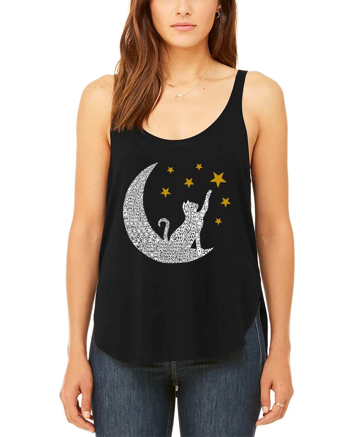 LA POP ART WOMEN'S PREMIUM WORD ART CAT MOON FLOWY TANK TOP 