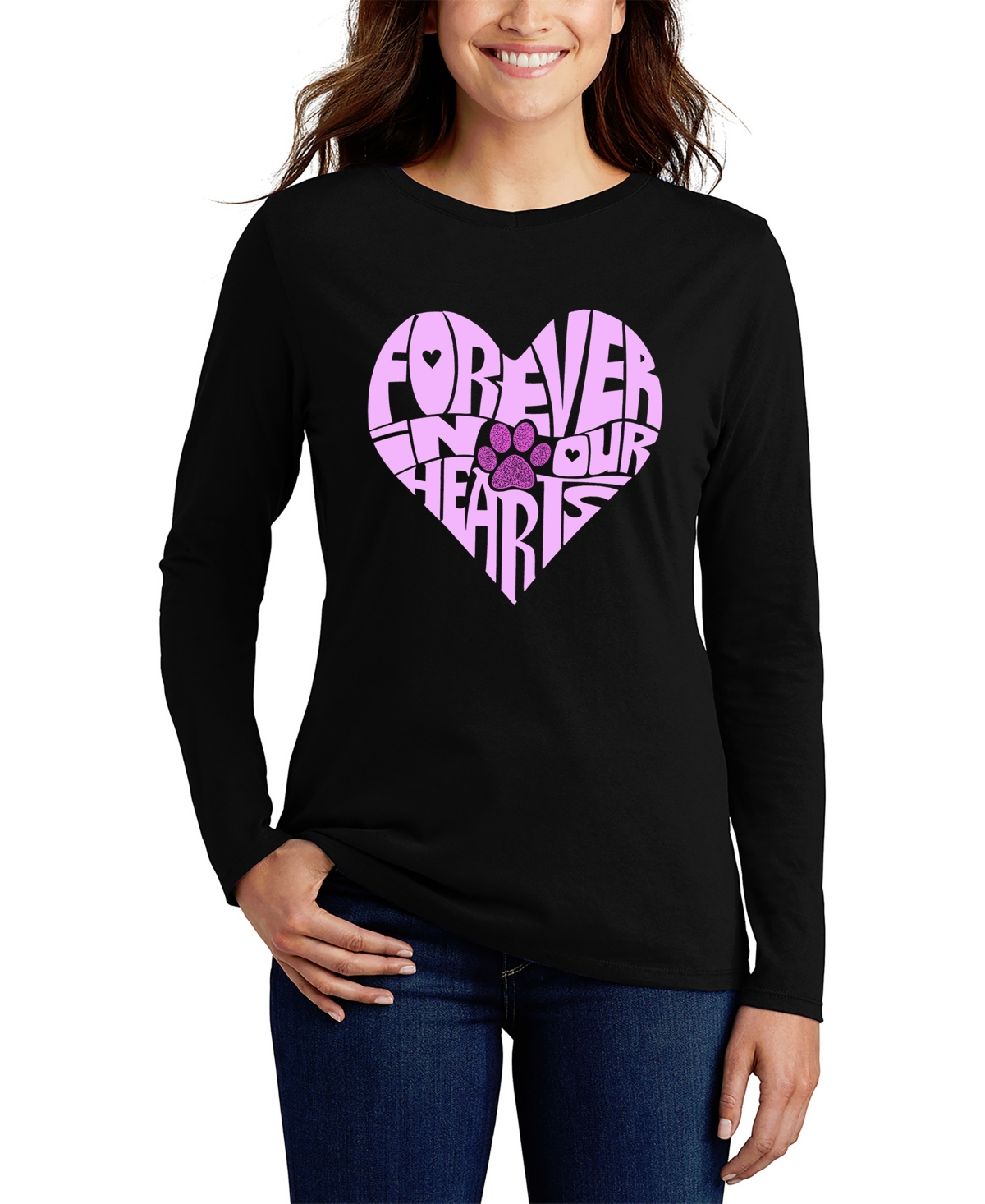 Women's Word Art Forever In Our Hearts Long Sleeve T-Shirt - Black