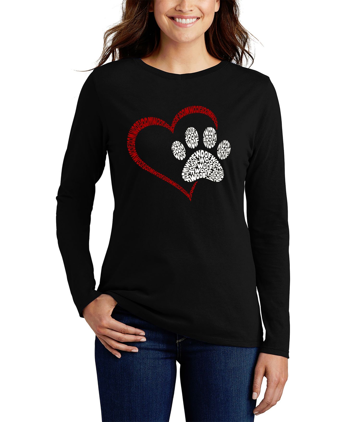 Женская футболка LA Pop Art Word Art Paw Heart Long Sleeve, цвет: Чёрный — фото 1