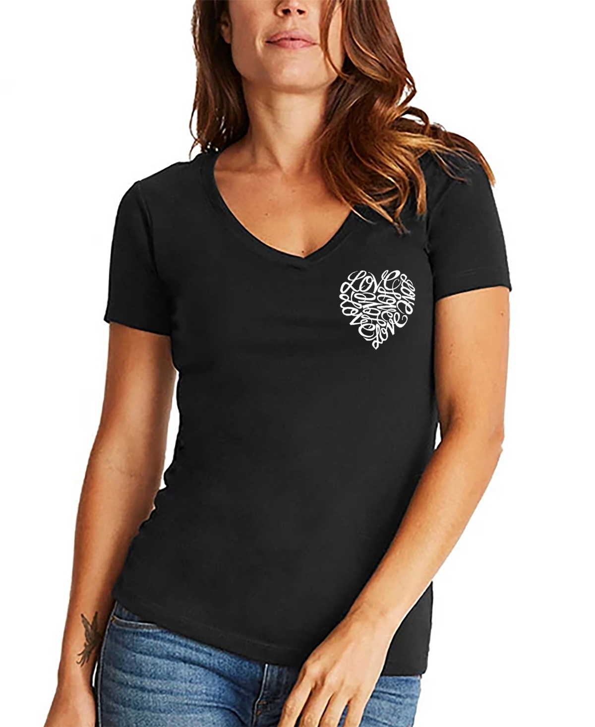 Women's Word Art Cursive Heart V-Neck T-Shirt - Black