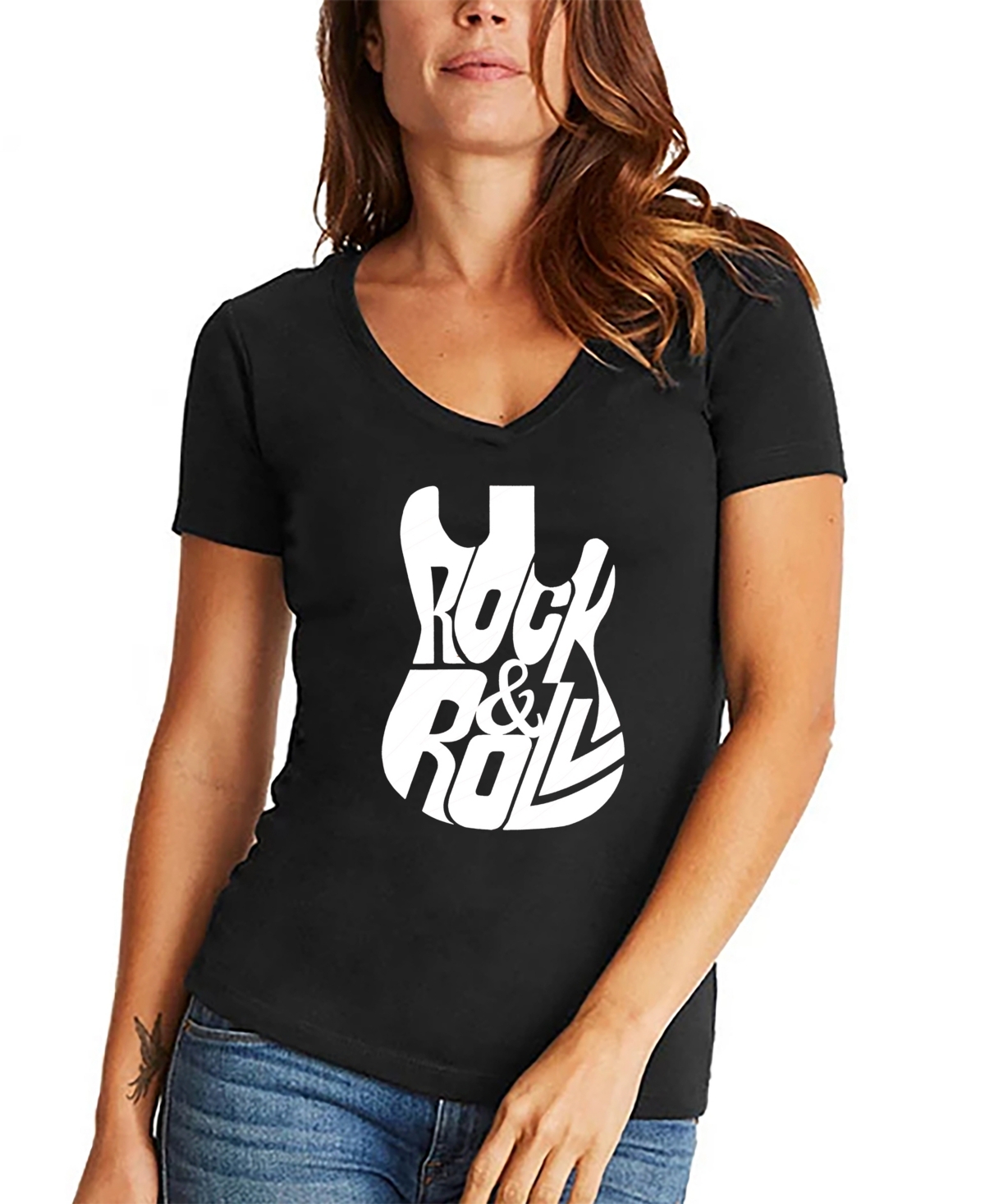 Women's Word Art Rock And Roll Guitar V-Neck T-Shirt - Black