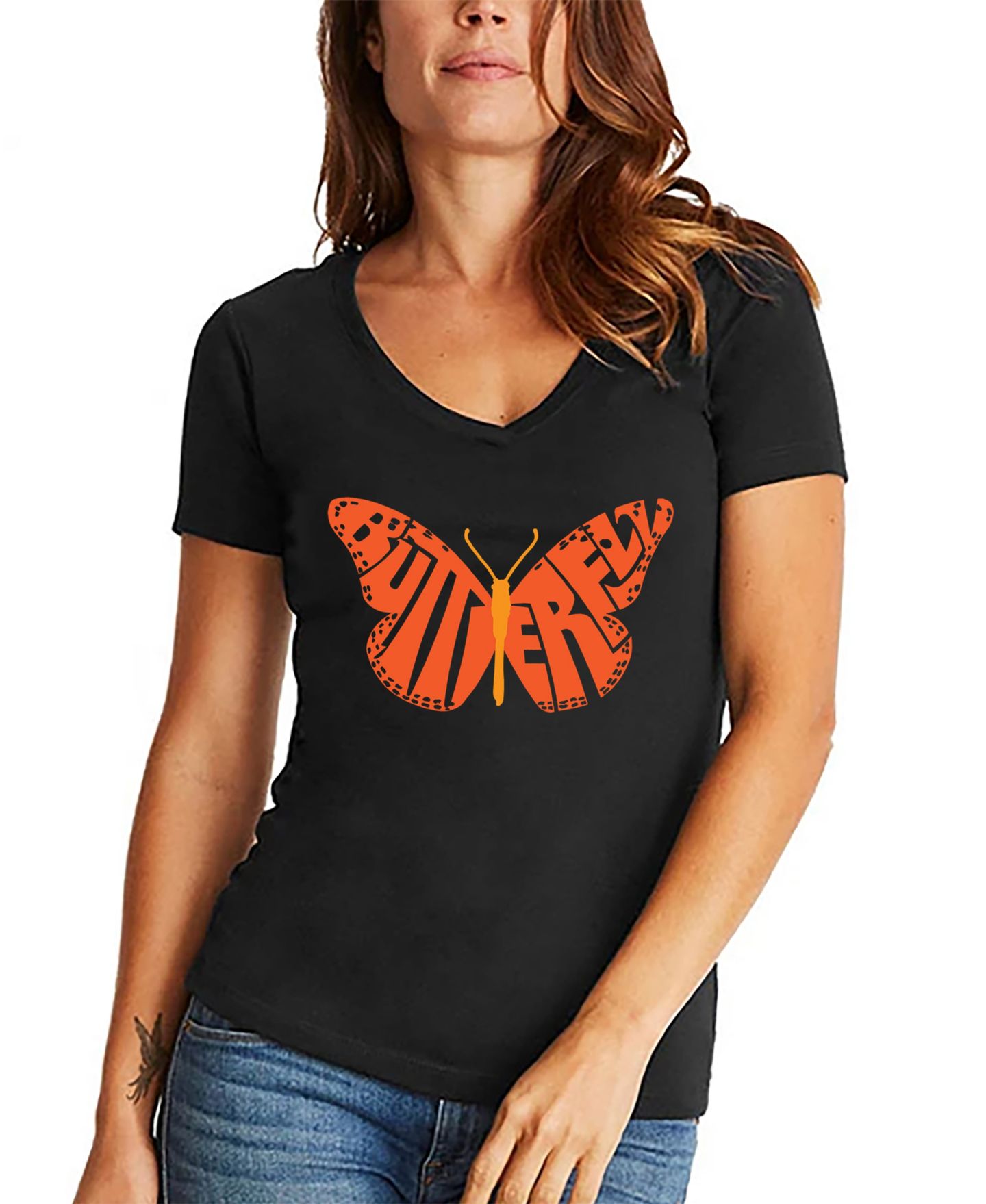 Женская футболка LA Pop Art Word Art Butterfly V-Neck, цвет: Чёрный — фото 1