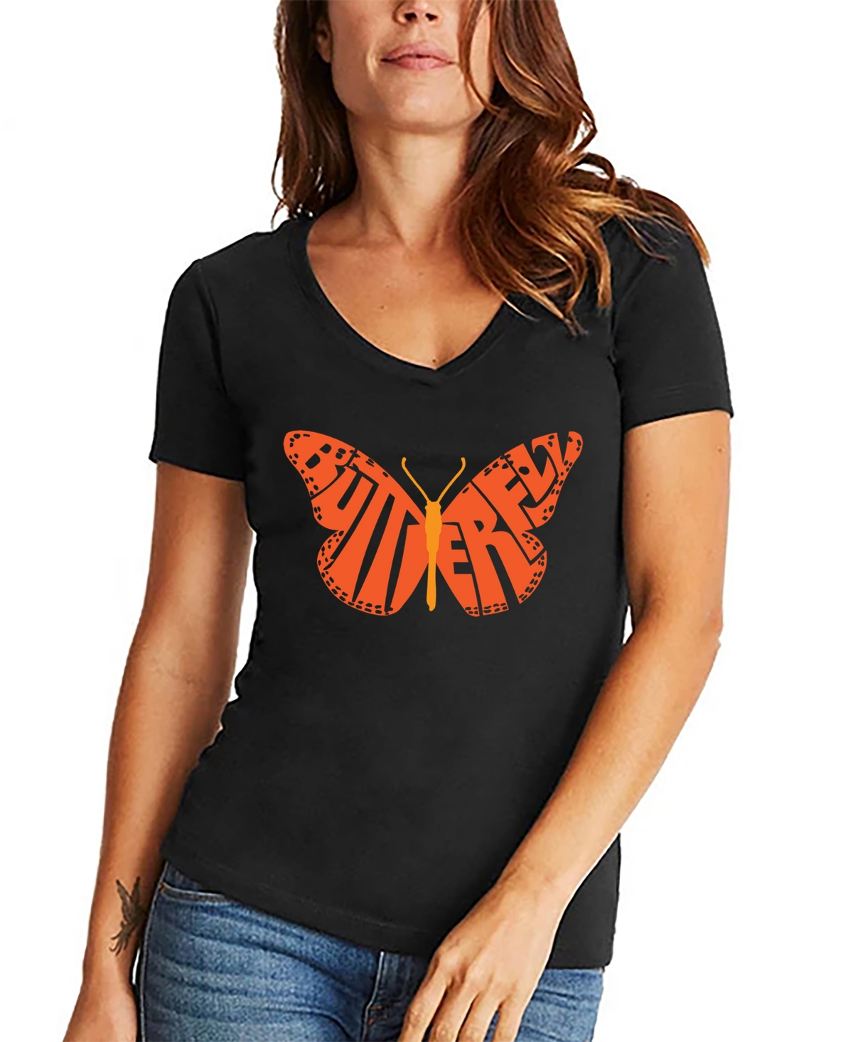 Shop La Pop Art Women's Word Art Butterfly V-neck T-shirt In Black