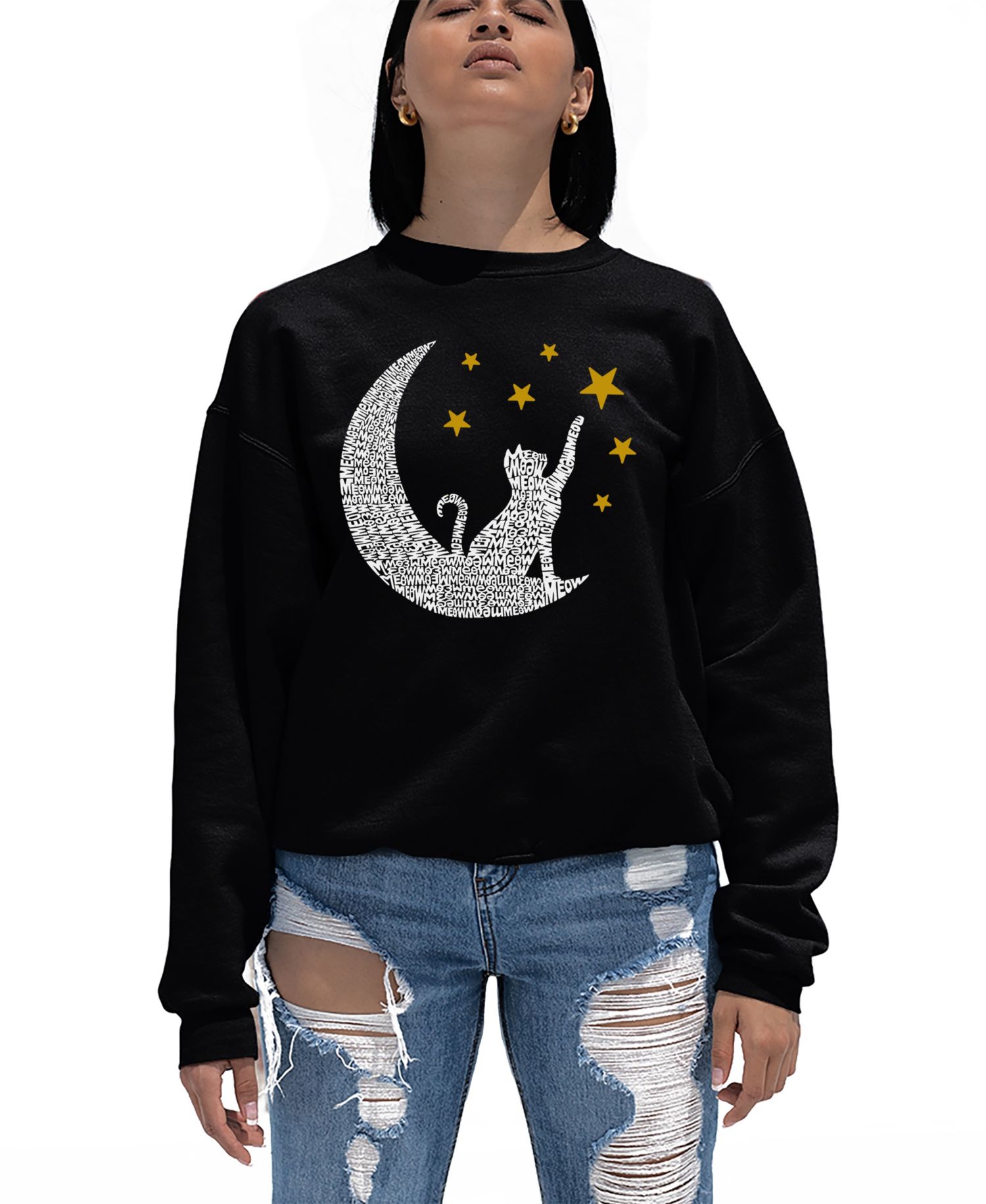 Women's Word Art Cat Moon Crewneck Sweatshirt