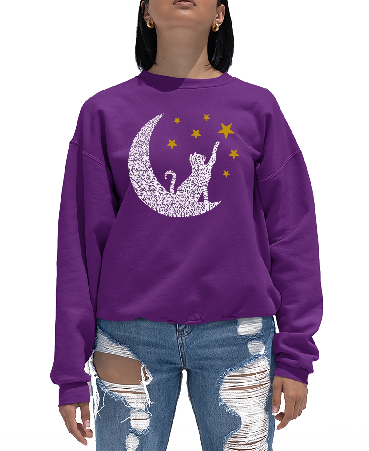 Shop La Pop Art Women's Word Art Cat Moon Crewneck Sweatshirt In Purple