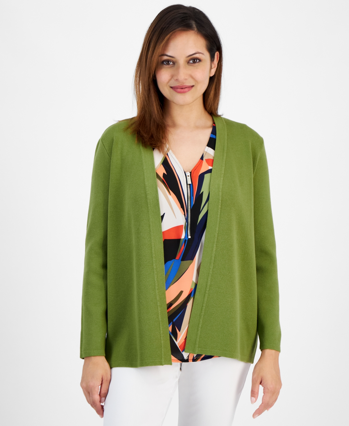 Ak Anne Klein Petite Newport Open-front Long-sleeve Cardigan In Leafy Green