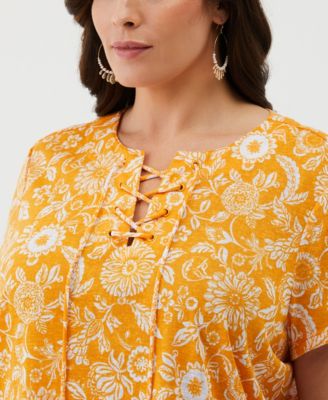 Plus Size Paisley Print Lace-Up Short Sleeve Tee Shirt