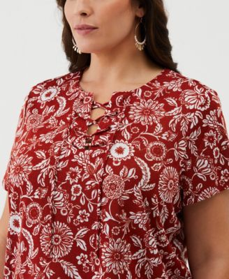Plus Size Paisley Print Lace-Up Short Sleeve Tee Shirt
