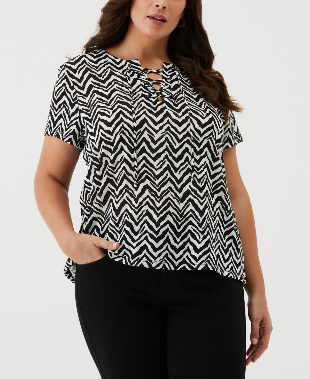 Shop Ella Rafaella Plus Size Chevron Print Lace-up Short Sleeve Tee Shirt In Black
