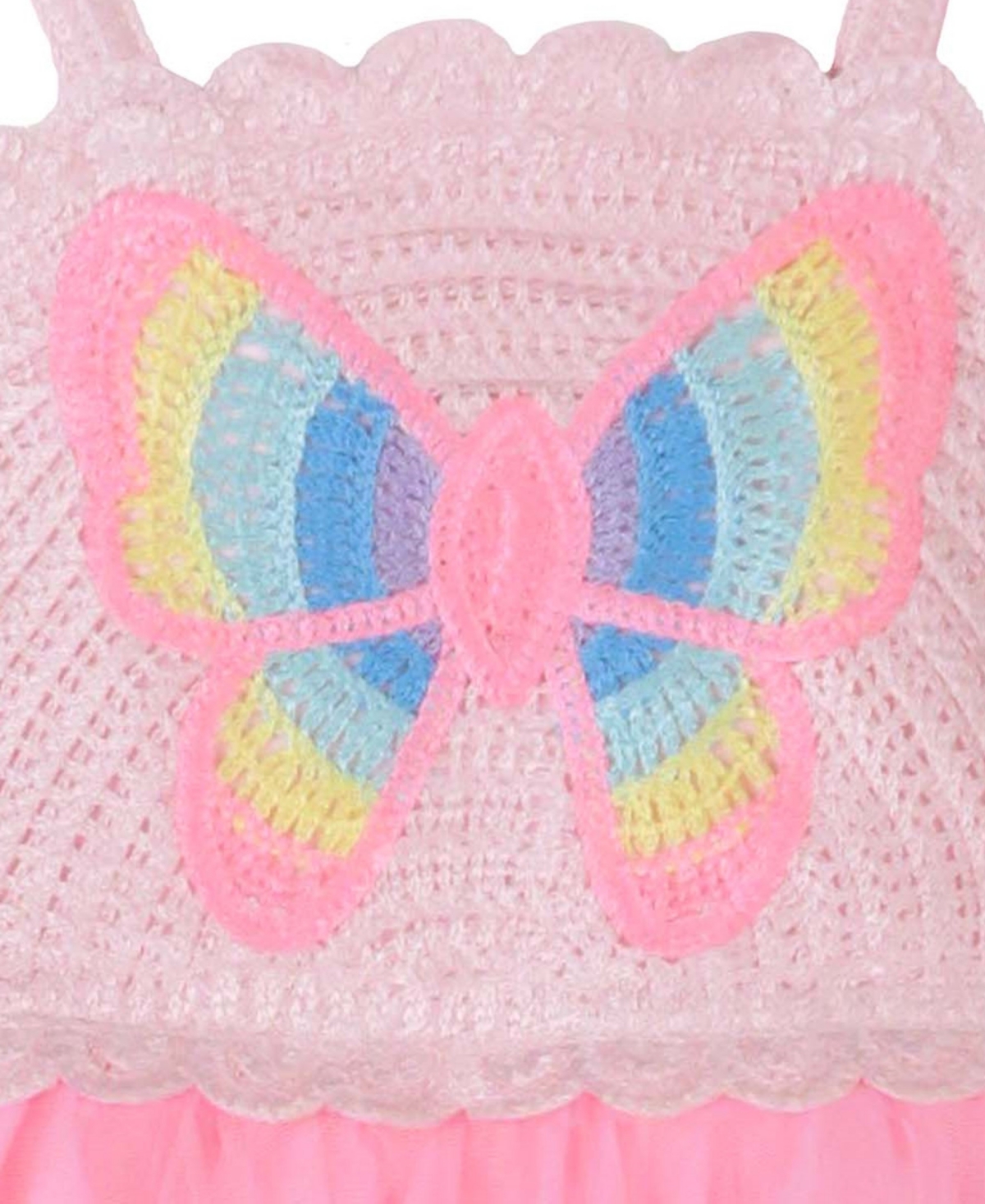 Violet Little Girls Sleeveless Butterfly Crochet Mesh Dress - Pink
