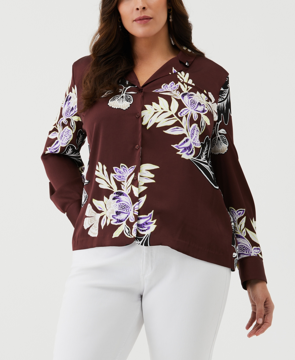 Shop Ella Rafaella Plus Size Floral Print Long Sleeve Shirt With Piping In Decadent Chocolate