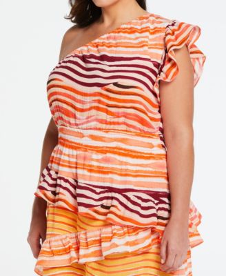 Plus Size Cotton One Shoulder Ruffle Midi Dress