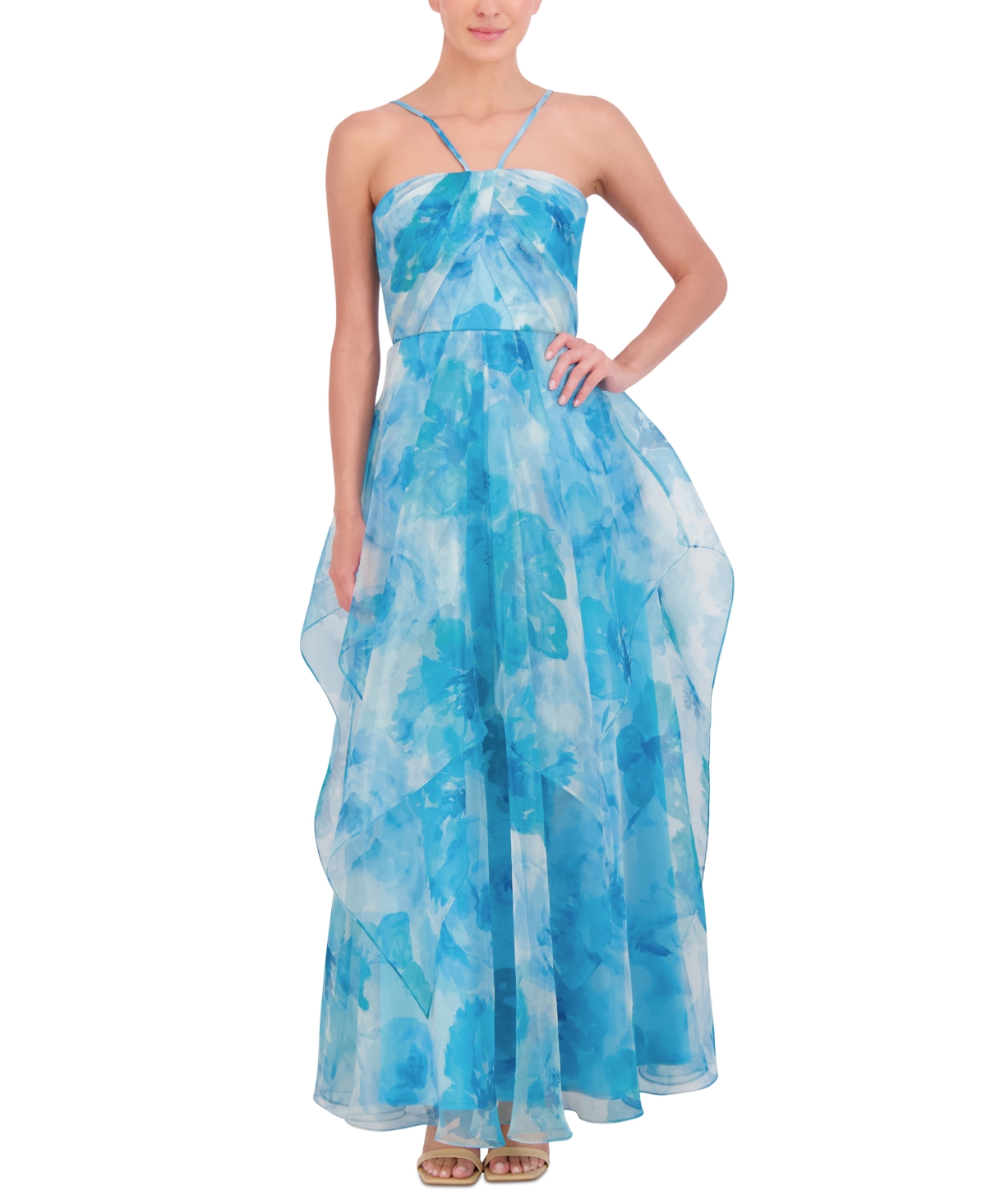 Shop Eliza J Women's Printed Pleated Ruffled Gown In Blue Multi