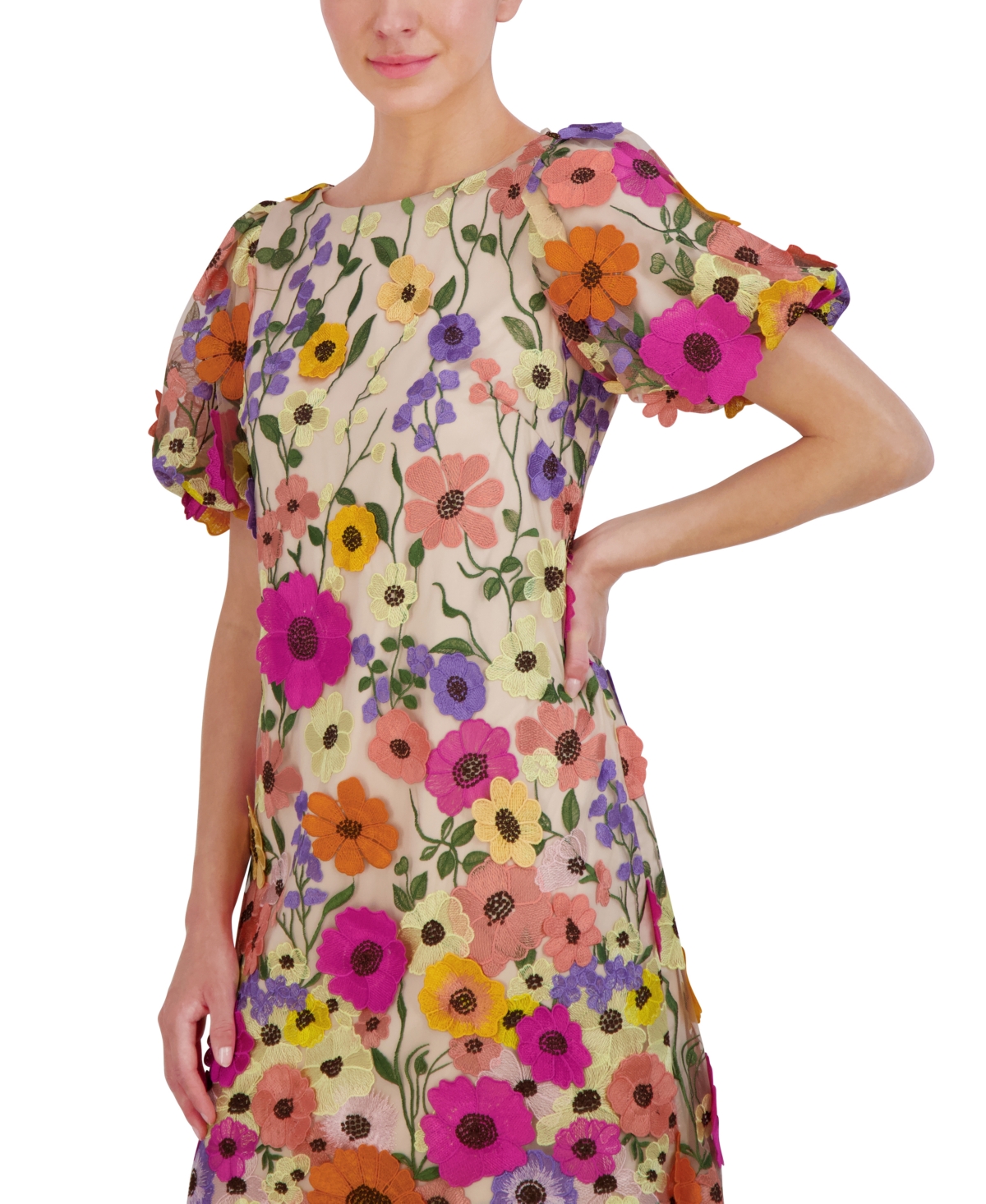 Shop Eliza J Petite 3d-floral Puff-sleeve Mini Dress In Multi Floral