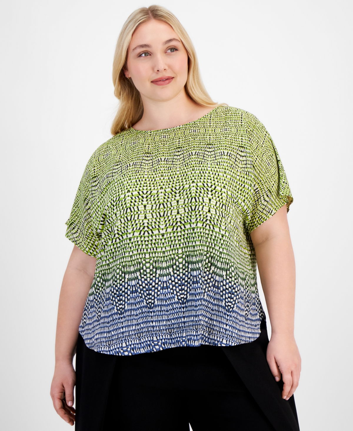 Plus Size Printed Dolman Short-Sleeve Top, Created for Macy's - Blue Jay/Anne Black