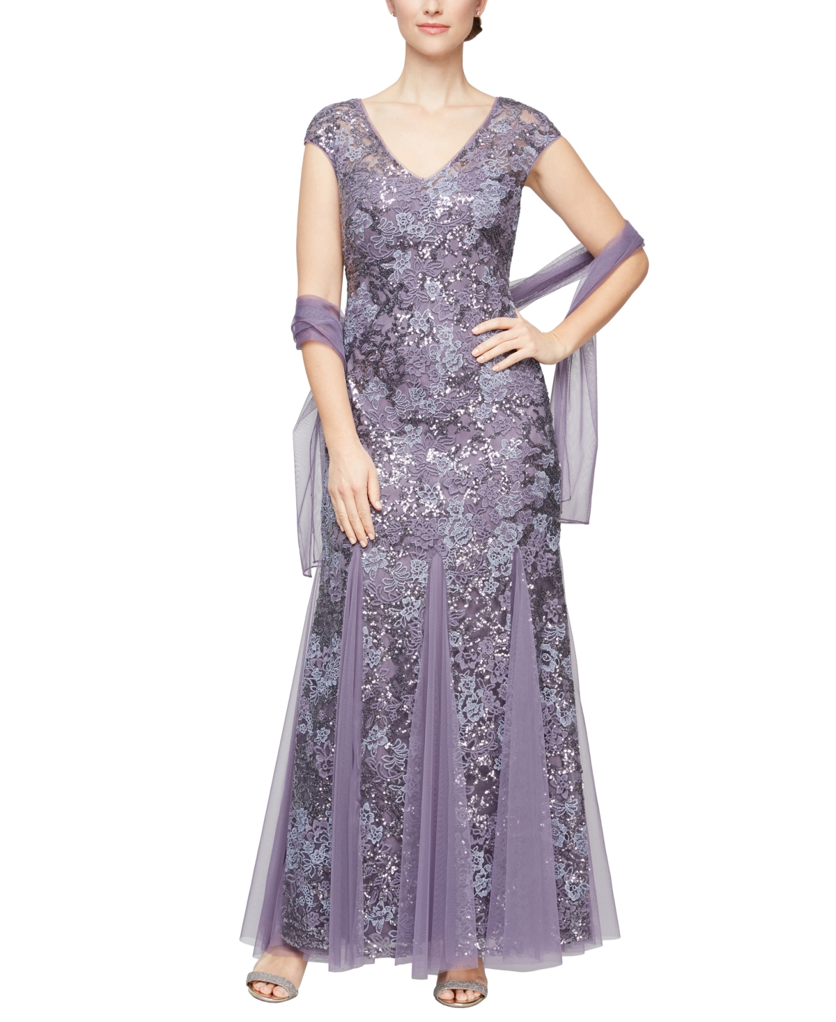 Petite Sequined Embroidered Gown & Shawl - Icy Orchid