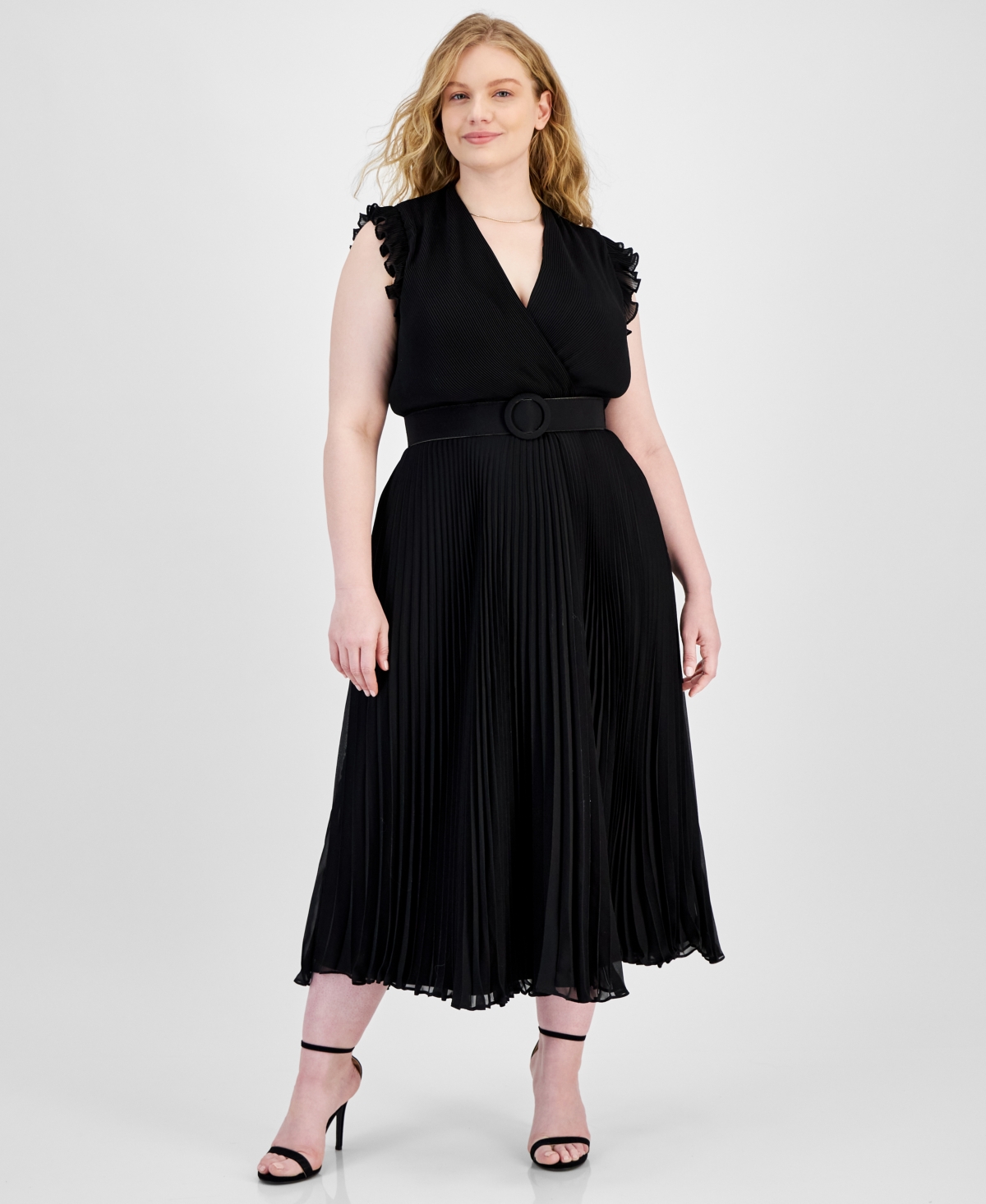 Plus Size Pleated Belted A-Line Dress - Black