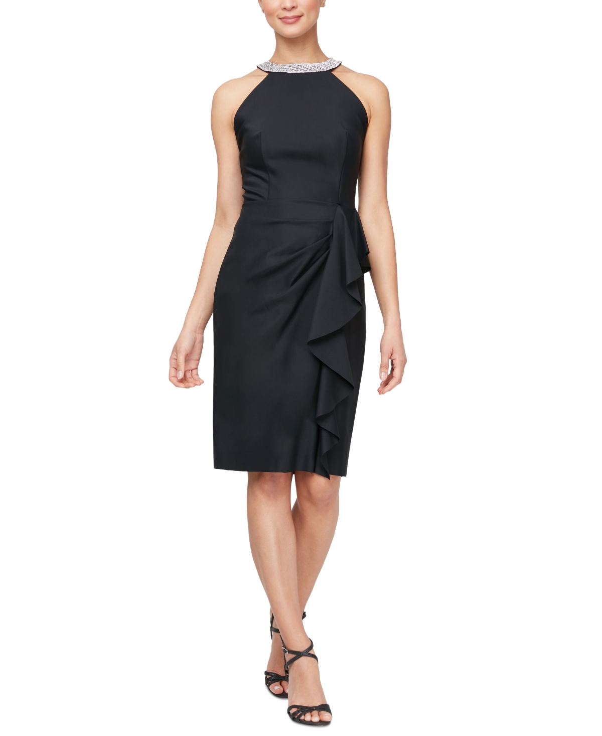 Shop Alex Evenings Women's Embellished Halter Ruffled Dress In Black