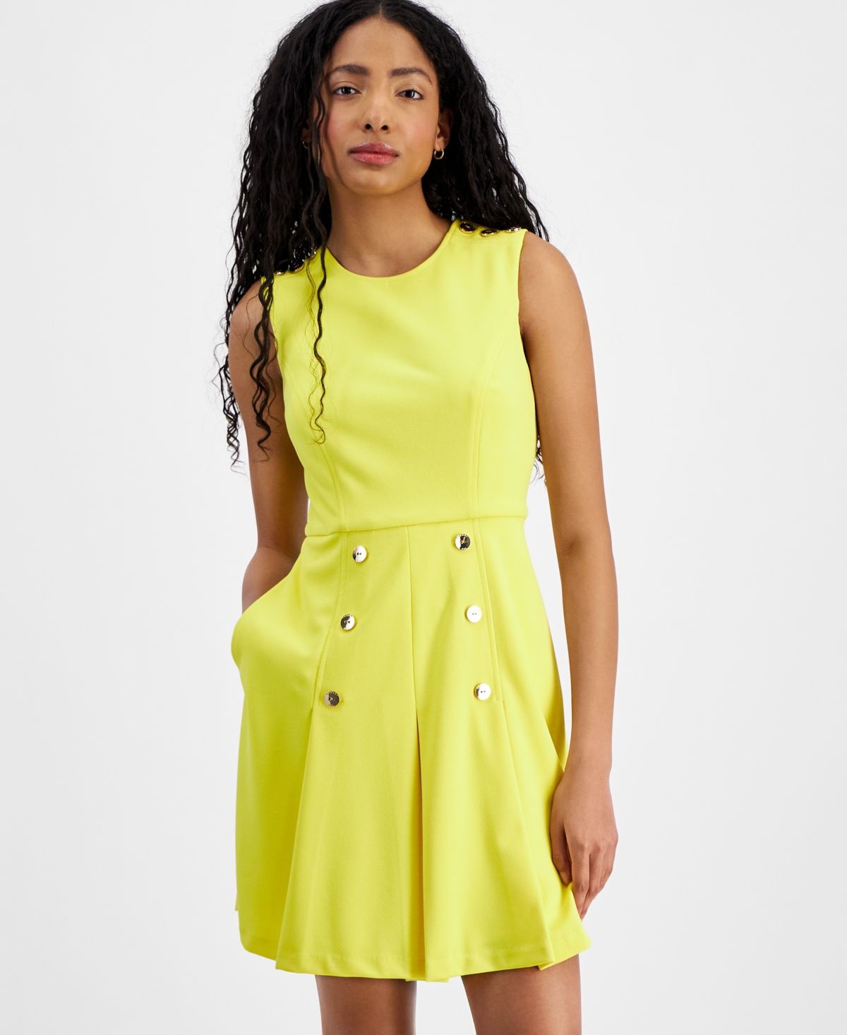 Shop Tahari Petite Button-trim Fit & Flare Dress In Lemonade